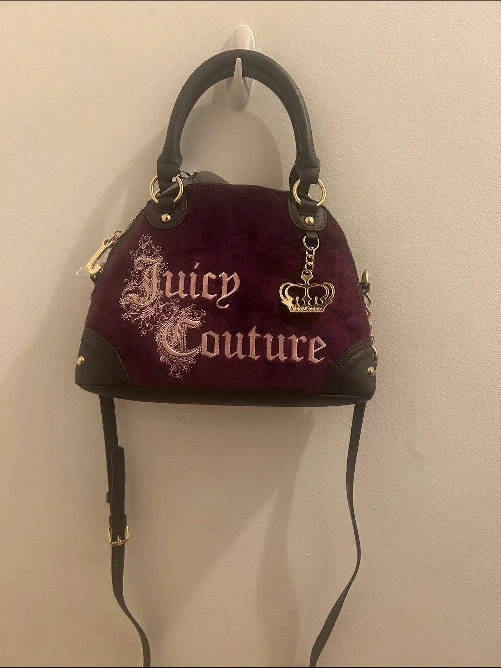 Juicy Couture Plum Velvet Dome Satchel with Black Trim and Gold Crown Charm - Picture 1 of 4